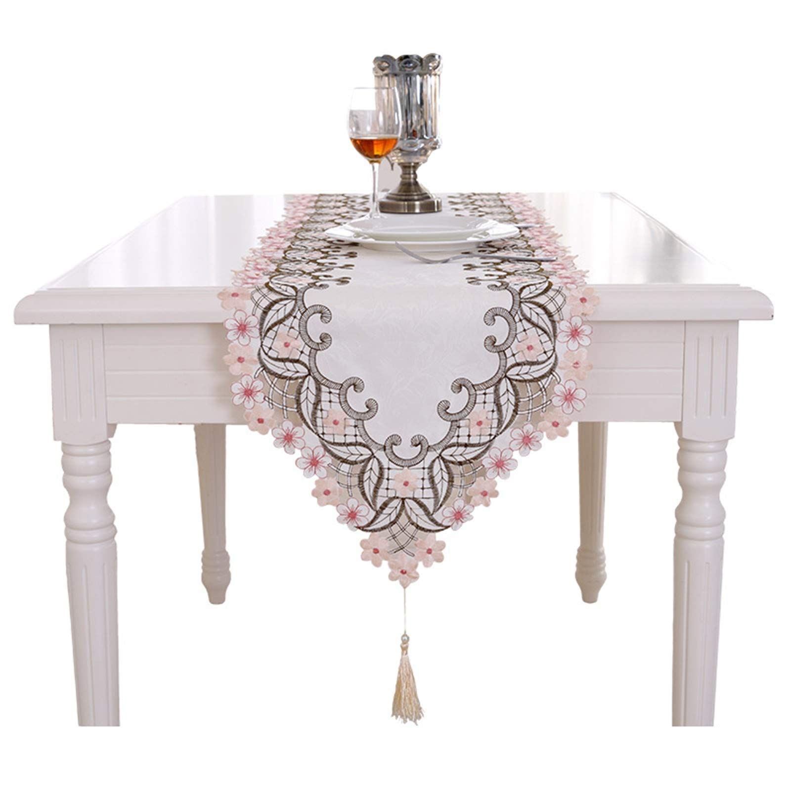 Chemin de table brodé polyester rose blanc KnSam 40x250 couverture décoration table à manger placard
