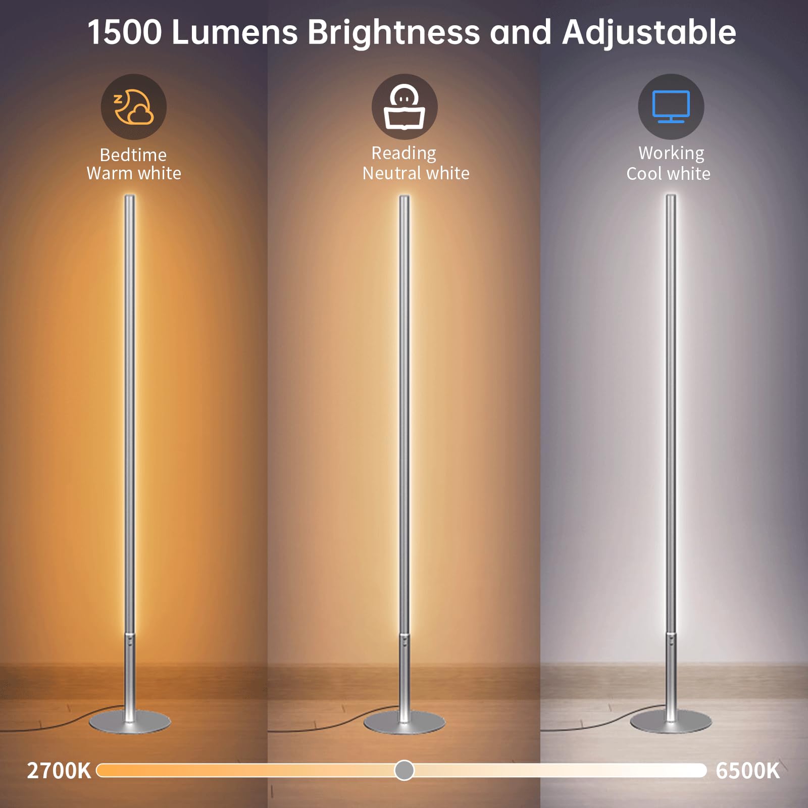 Lampade da Terra per Soggiorno, Moderna Lampada da Terra Dimmerabile Luce Angolare con Telecomando, Regolabili Continuo Colori 2700K-6500K & Luminosità, Lampada da Lettura per Ufficio, 147CM