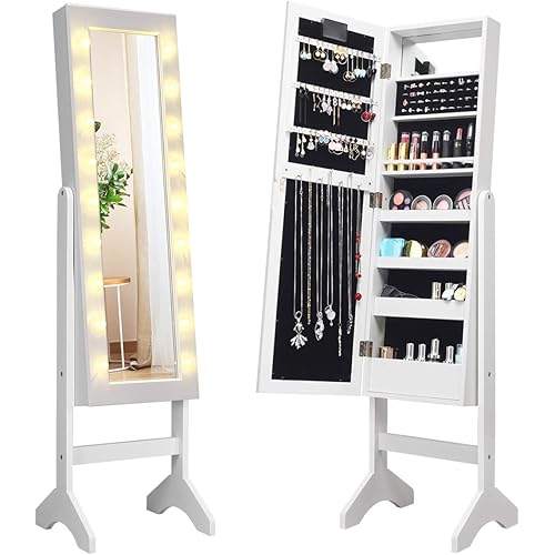 Giantex Standing Jewelry Armoire with 18 LED Lights Around the Door, Large Storage Mirrored Jewelry Cabinet with Full Length Mirror, 16 Lipstick Holders, 1 Inside Makeup Mirror (White)