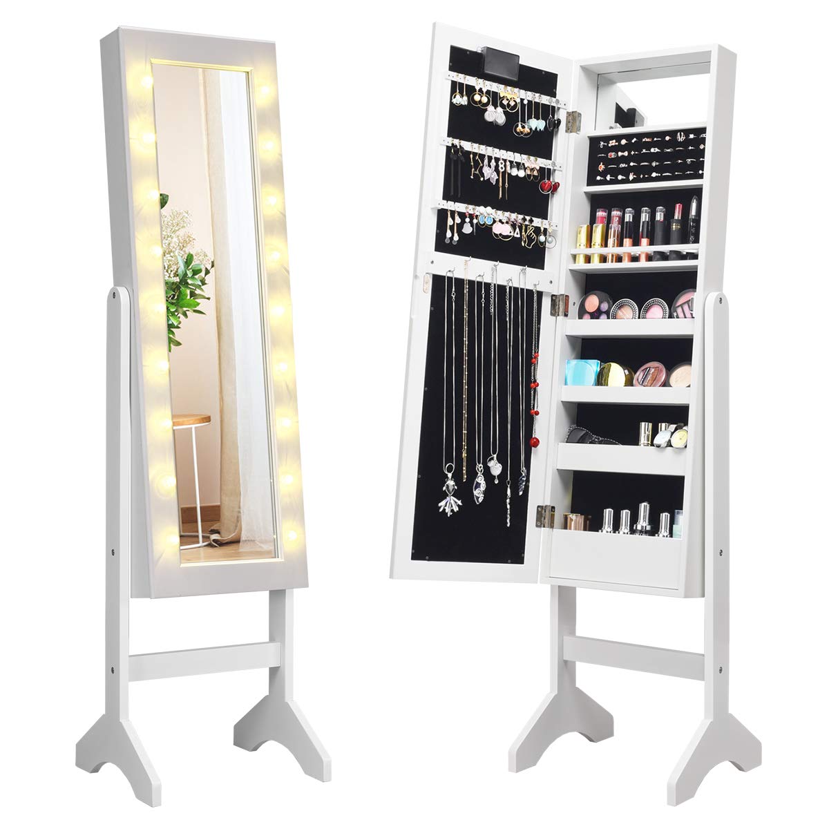 Giantex Standing Jewelry Armoire with 18 LED Lights Around the Door Large Storage Mirrored Jewelry Cabinet with Full