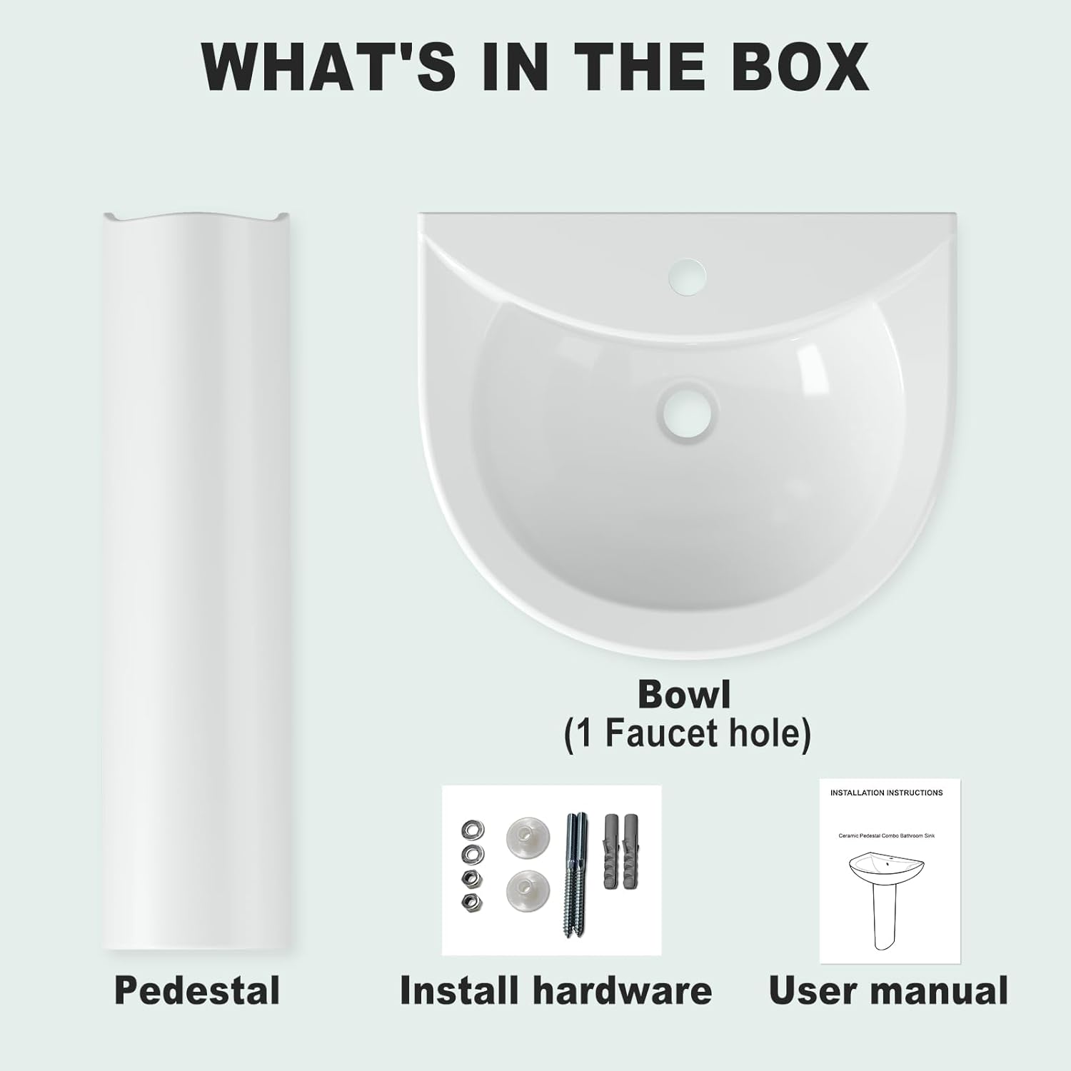 Bathroom Pedestal Sink,20 Inch x 17 Inch Ceramic Basin with Overflow, Single Faucet Hole, Space-Saving Design for Small Bathrooms