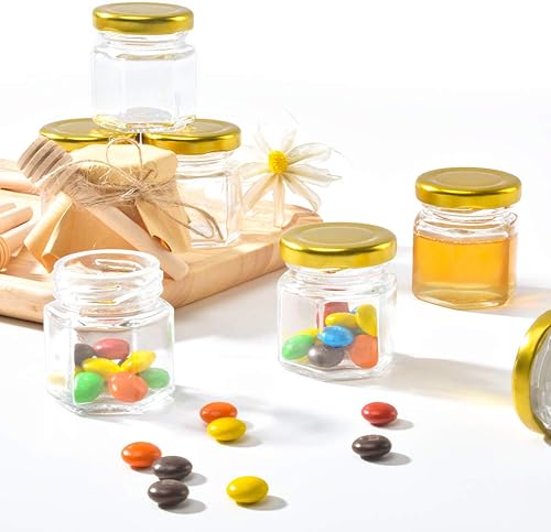 Miniatura 5 de Paquete de 6 mini tarros hexagonales de vidrio de 1.5 onzas, tapas doradas, dijes de abeja, palitos de miel, cuerda de etiqueta de yute, regalos de
