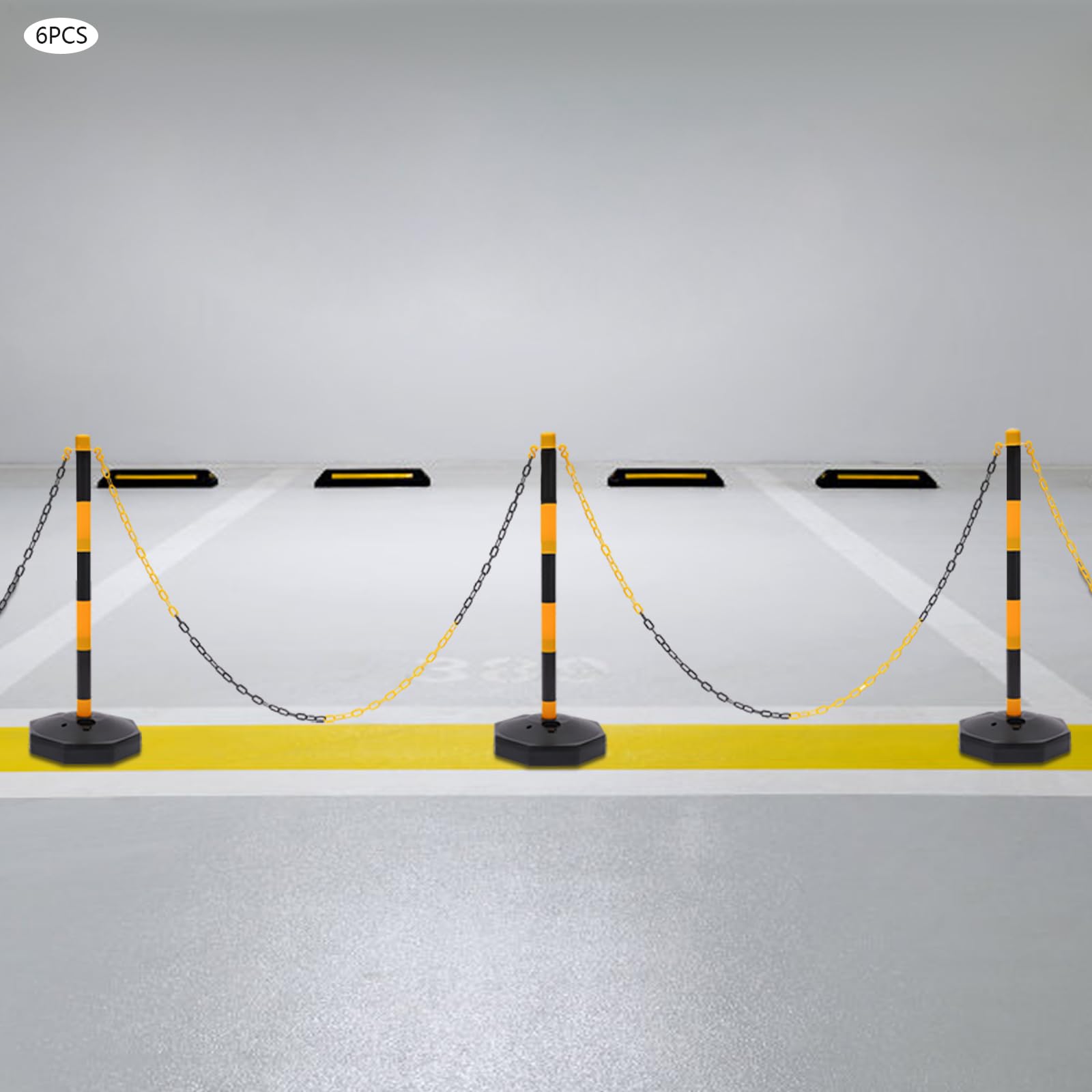 6 Pack Traffic Delineator Cones Post, Adjustable Warning Post Set with Fillable Base, Traffic Safety Barrier with 5*Chains Street Stanchions Construction Parking Pole for Construction Lot