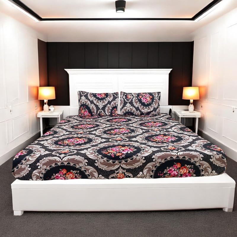 Image of Avinya 250 TC Premium 7D Printed Cotton Feel Elastic Fitted Single Size Bedsheet with 1 Pillow Covers |48 inch x 72 inch| Fits up to 6-Inch Mattress |7D Gulab