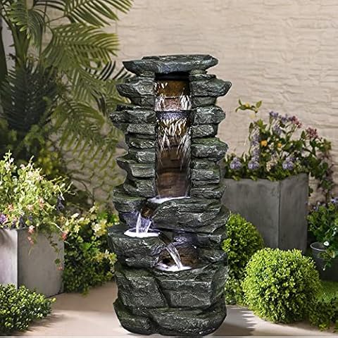 watnature Rockery Shower Outdoor Fountain - 31 2/10” H Showering Garden Waterfall Fountain with LED Lights, Stone-Liking Natural Looking Resin Indoor Outdoor Fountains for Patio, Garden, House&Office Cover