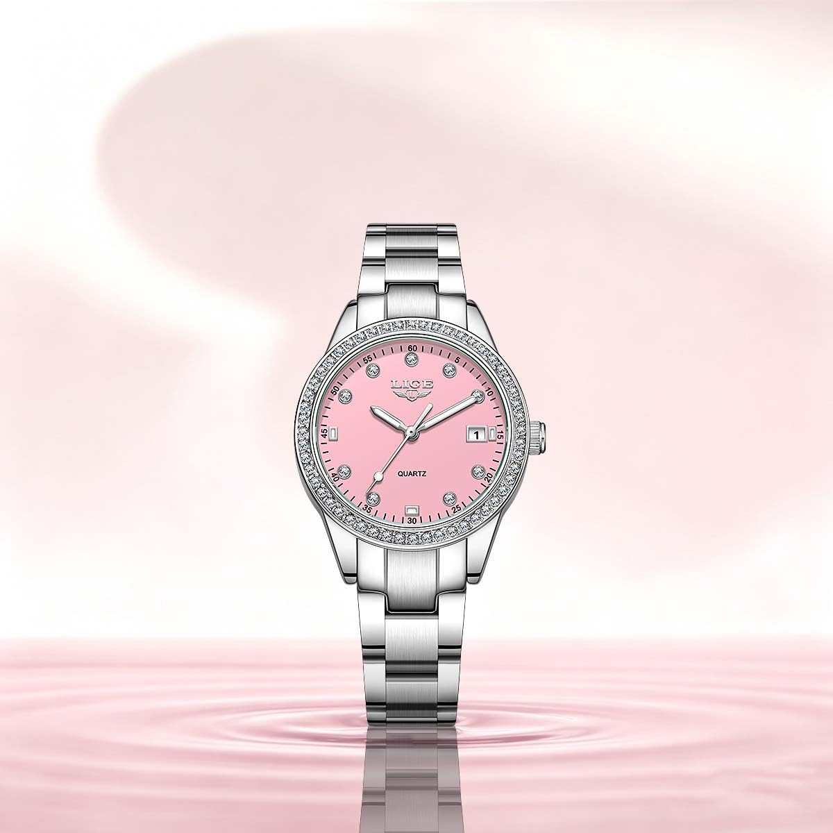 LIGE Damen Armbanduhr Quarz Analog Kristall Lünette 34mm Zifferblatt | mit Silber Metallarmband Leuchtzeiger Datumsanzeige 30M Wasserdicht Kratzfest Glas Luxus Mode Uhr Geschenk für Frauen