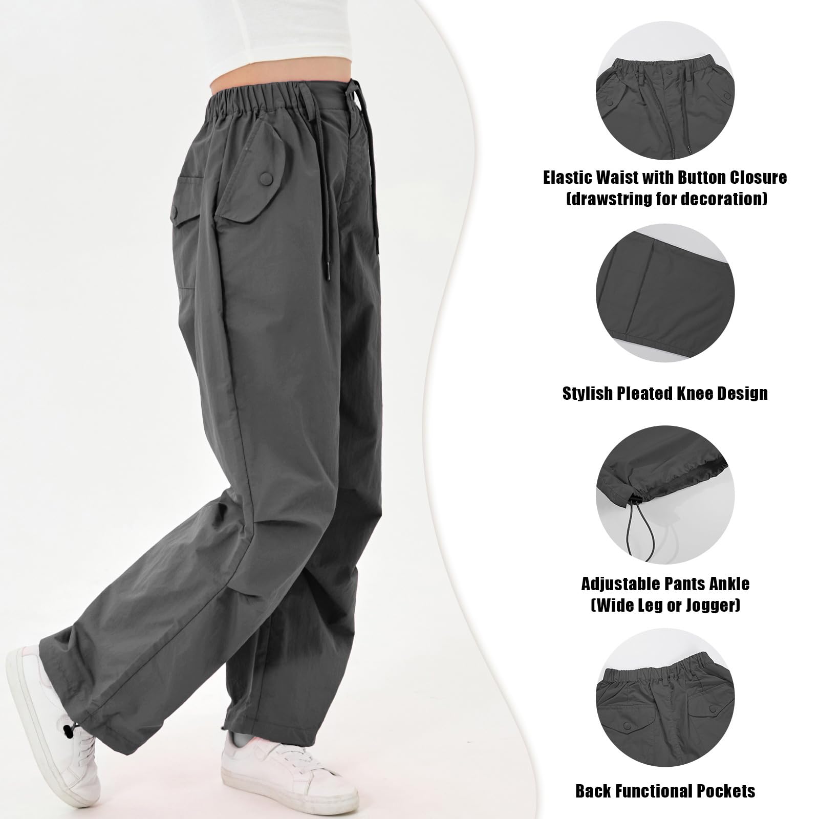 Rolanko Pantalones de paracaídas para niñas, pantalones cargo Y2K con bolsillos, pantalones deportivos Harajuku para niños de 4 a 14 años