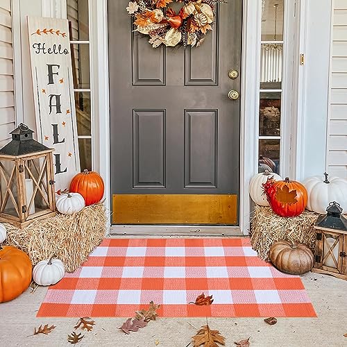 Fall Plaid Rug 28" x 43", Orange and White Buffalo Check Front Porch Outdoor Layered Doormat, Cotton Hand-Woven Washable Rug for Halloween Thanksgiving Autumn Decor
