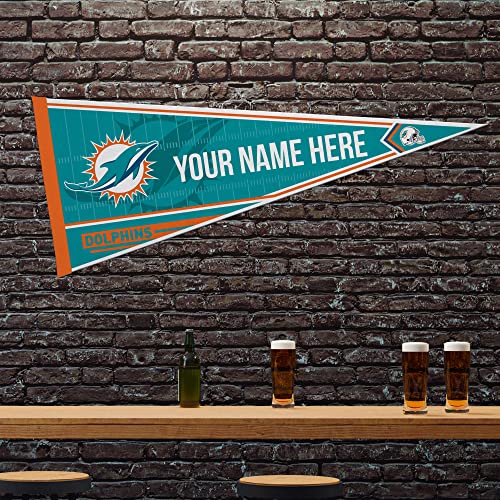 Image of Rico Industries NFL Football Miami Dolphins Personalized - Custom 12 inch x 30 inch Soft Felt Pennant - EZ to Hang