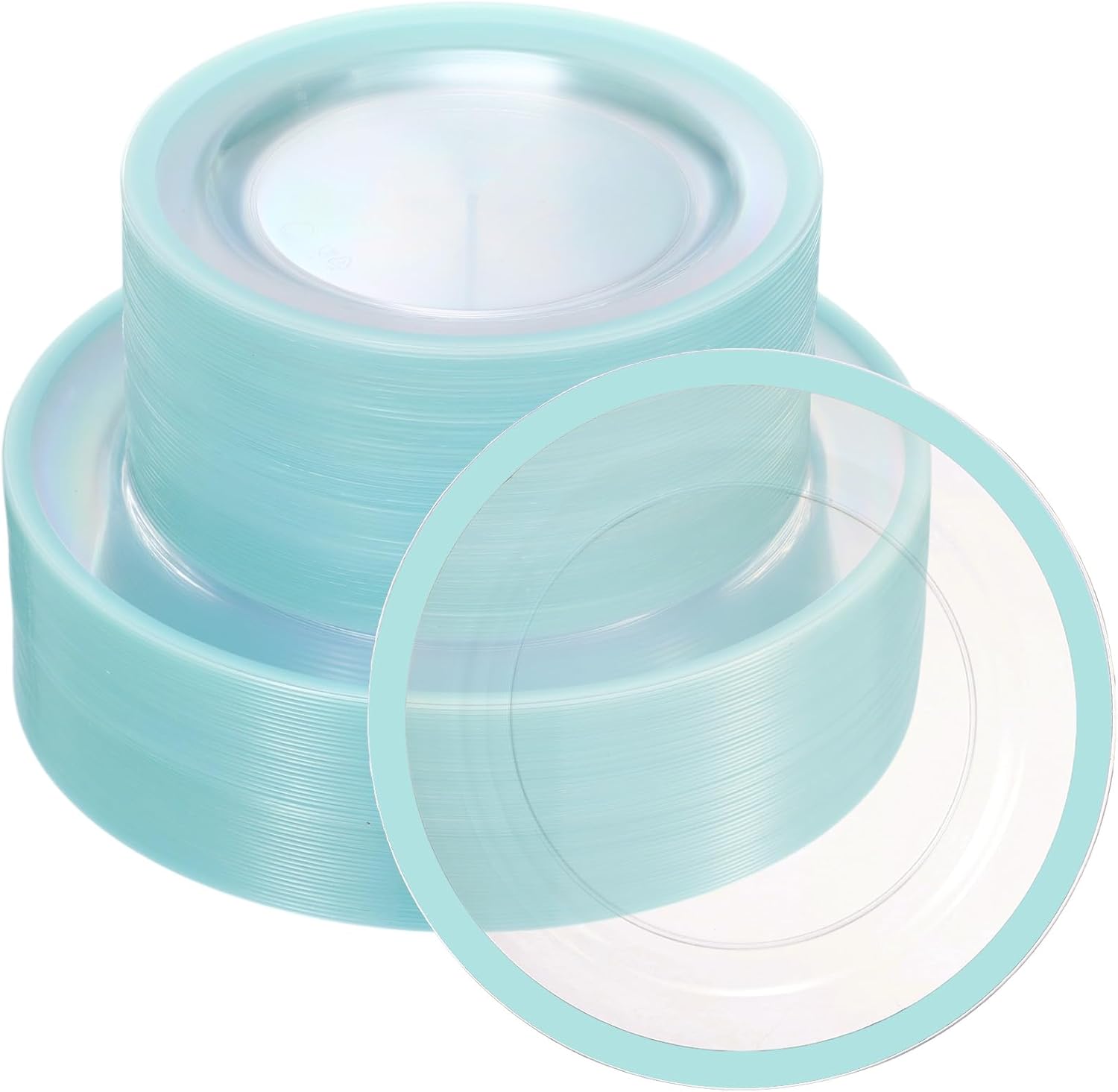 Wesiti 100 Pcs Clear Plastic Plates Disposable Dinnerware Set Includes 50 Pieces 10.25 '', 50 Pieces 7.5 '', Cake Salad Dessert Plates for Wedding Birthday Holiday Parties (Light Blue Rim)