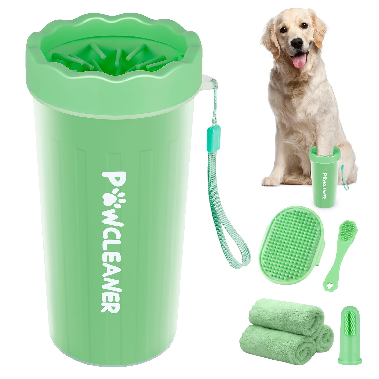 Professional 7 in 1 Dog Paw Cleaner for Dogs - Includes 1 Portable Paw Washer, 1 Bath Brush, 2 Dog Toothbrushes and 3 Absorbent Towels Note: Fits Paws 2.5 to 3.5 Inches Wide (Large, Light Green)