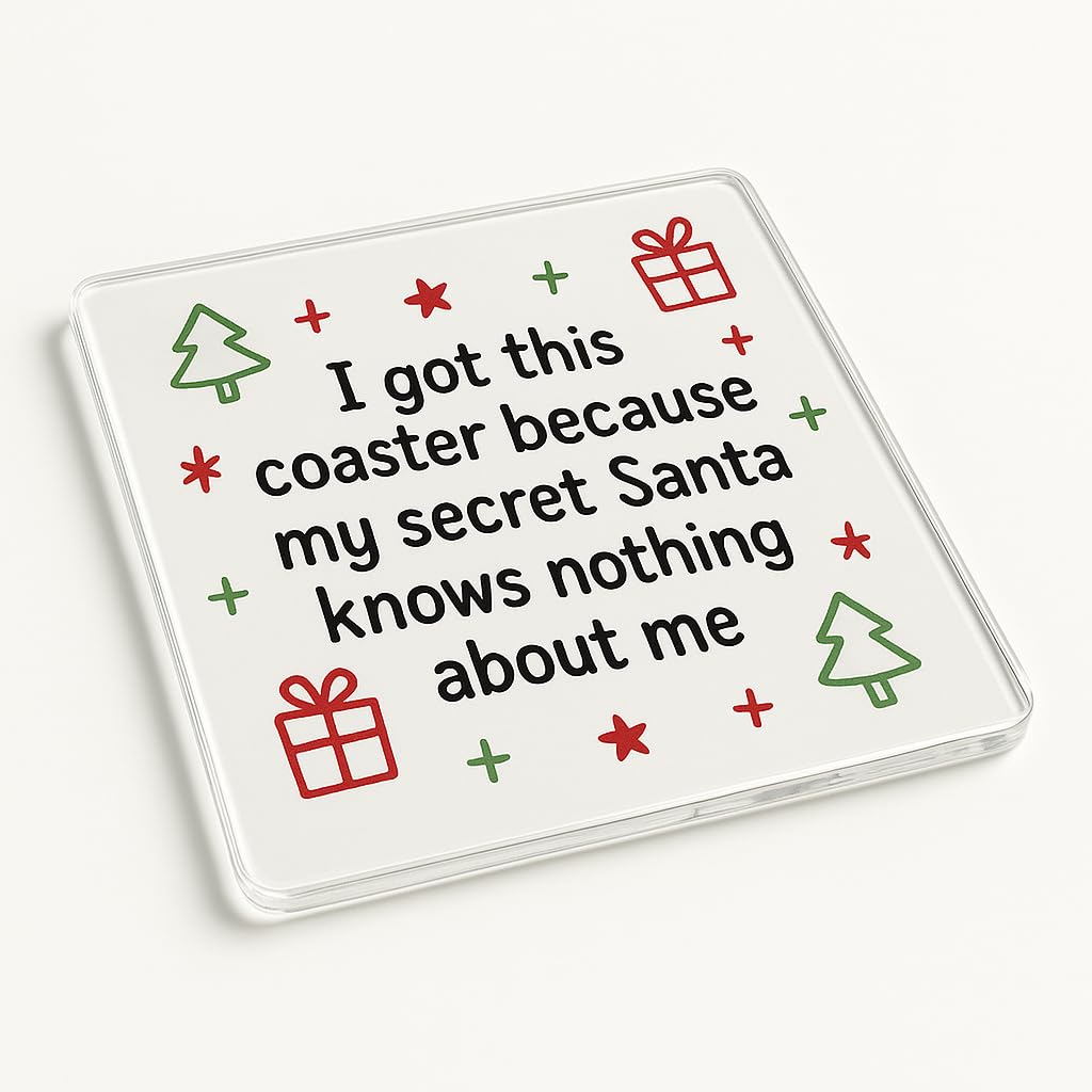 The Plum Penguin Santas Secret Joy Acrylic Coaster With Festive Fun Doodles - Humorous Secret Santa For Colleague Or Friend