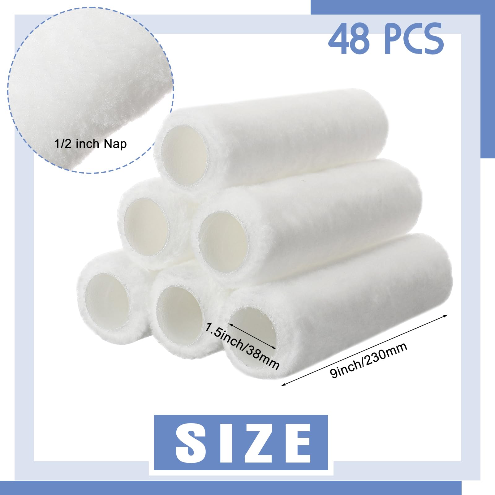 Pinkunn 48 cubiertas de rodillo de pintura de 9 x 1/2 pulgadas, cubiertas de rodillo de microfibra de alta capacidad para marco de pincel, suministros de pintura de casa para todas las superficies,
