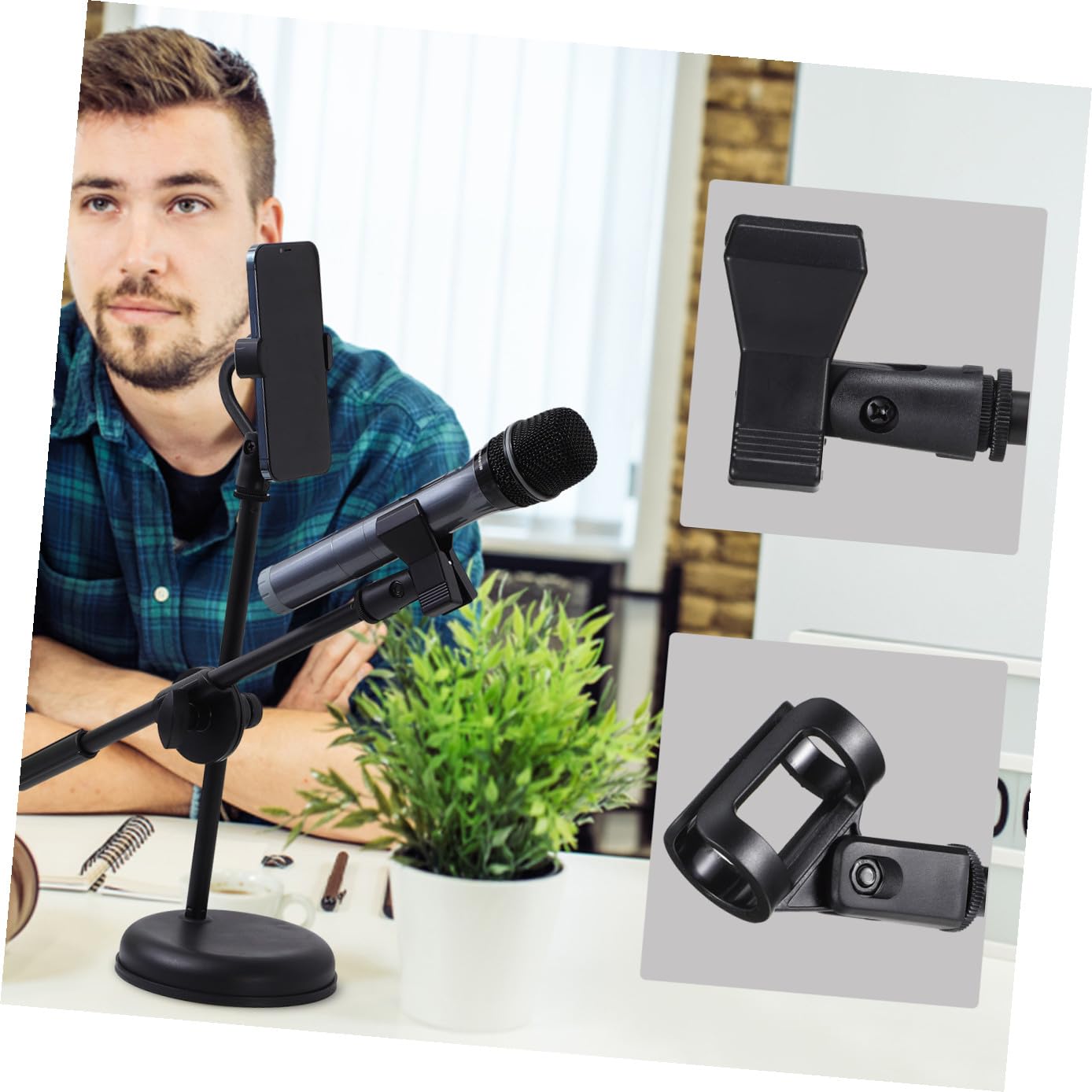 Supporto per Microfono da Tavolo Telescopico e Regolabile Clip e Supporto per Telefono, Base Stabile per Podcasting, Registrazione e Uso Casalingo