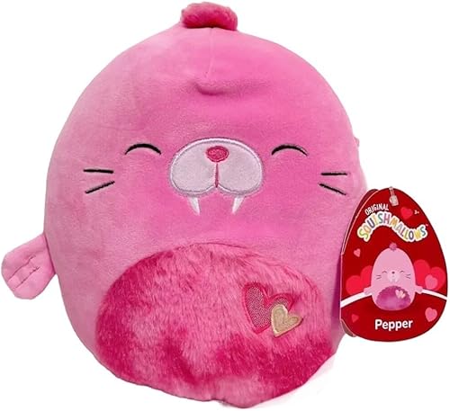 Squishmallows Peluche para el día de San Valentín Pepper The Walrus de 8 pulgadas, con licencia oficial Kellytoy, juguete coleccionable suave y