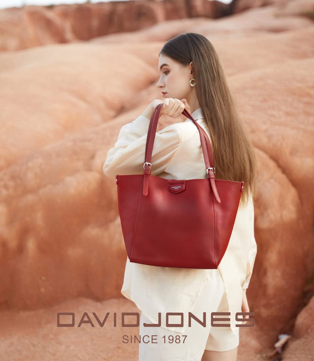 David Jones - Bolso de Hombro Mujer - Bolso de Mano Piel Sintética Suave - Tote Shopper Gran Capacidad A4 Cuero PU - Bolsos Compras Trabajo Asas Largas - 2 Piezas con Embrague - Marrón Topo