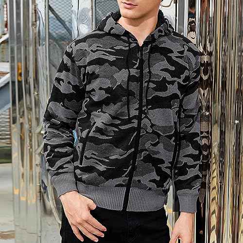 Men's Casual Zip Up Drawstring Hoodie Sweatshirt Jacket Sherpa Lined Fleece Long Sleeve Camo Jacket Coat with Pockets4