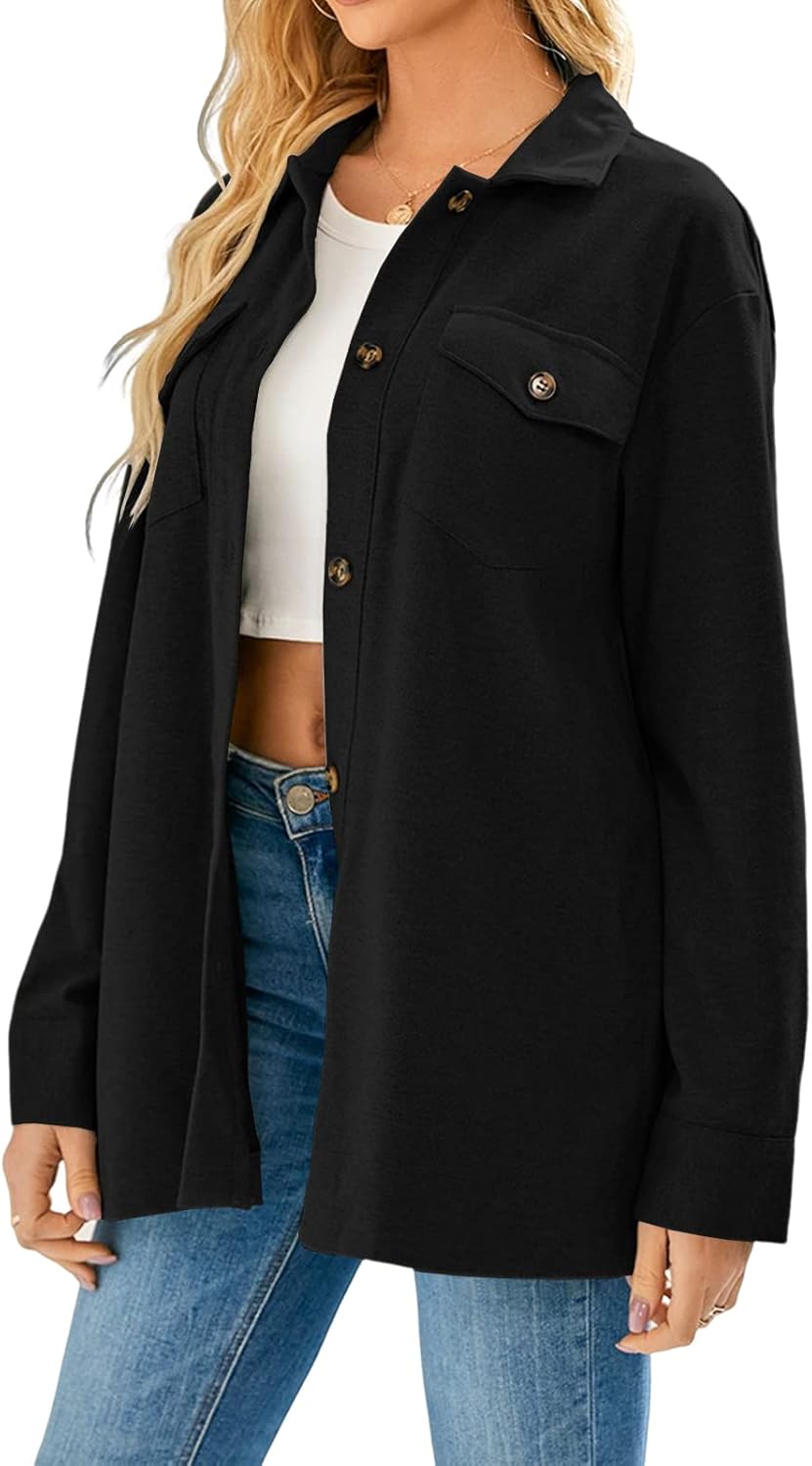 Cnkwei Shacket Jacket Women Button Down Shirt Jacket Casual Long Sleeve Shacket with Pockets - Image 4