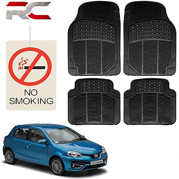 Riderscart (4 Pcs) Car Rubber Foot/ Floor Anti- Slip Mats Set with No Smoking Hanging Air Freshner for Toyota Etios Liva Car with Warranty