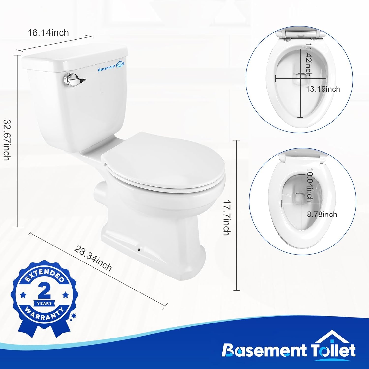700W Macerating Upflush Toilet System for Basement Bathroom, 4 Water Inlets, Includes Toilet Bowl, Water Tank, Soft Closing Seat & Extension Pipe