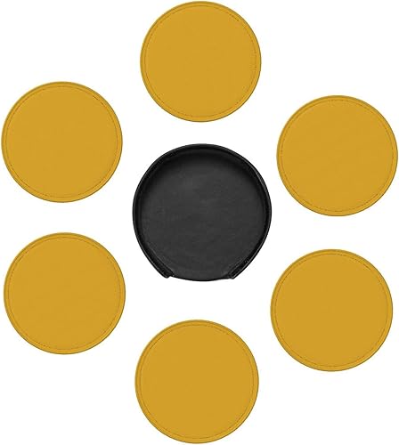 Miniatura 7 de Drink Coasters Set of 6, Mustard Yellow Printed PU Leather Round Coaster with Holder for Outdoor, Office, Bar, Funny Heat-Resistant Home Desk Decor