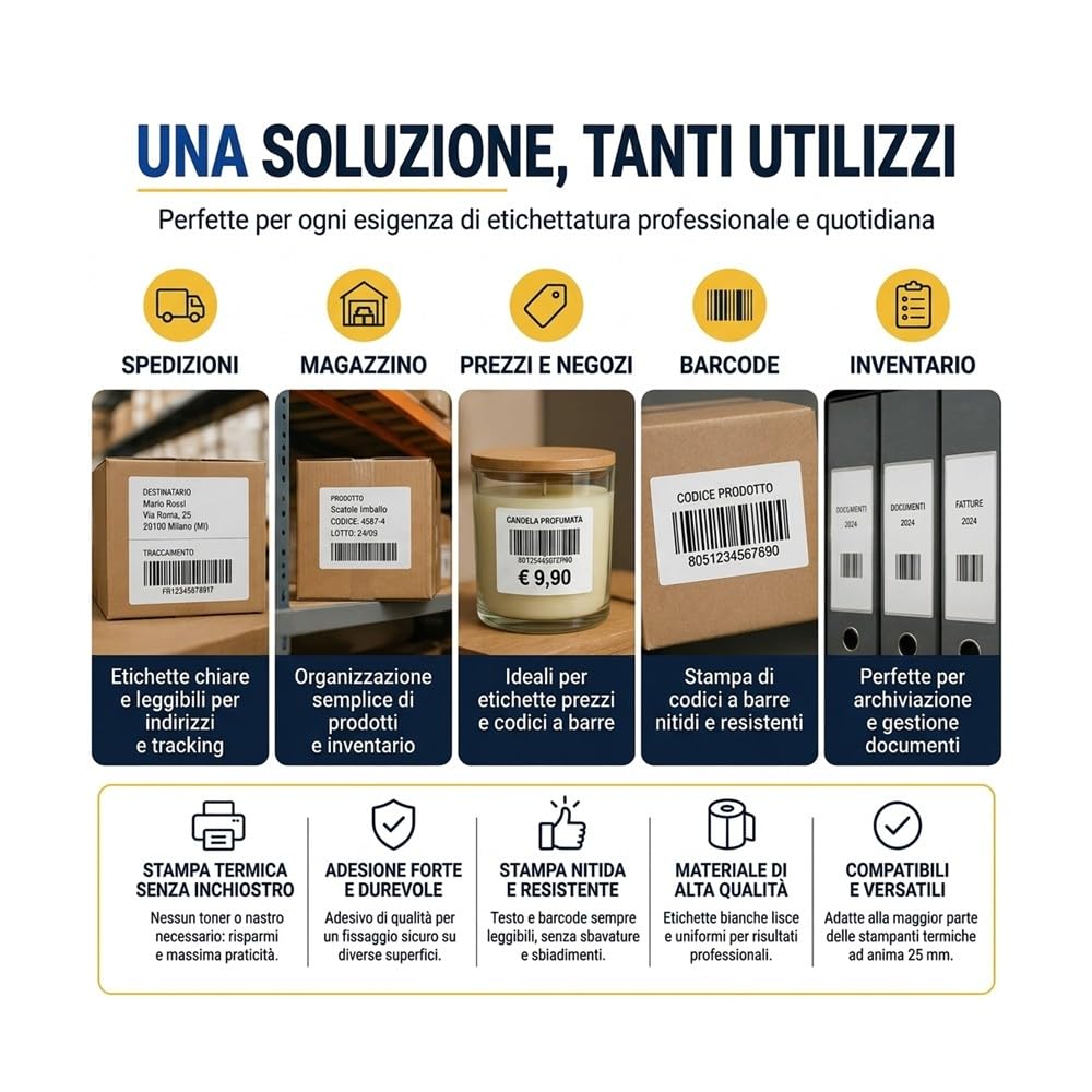 F.C. Distribution Etichette Termiche 60x75 mm 5 Rotoli da 500 Etichette, 2500 Pezzi Totali Anima 25 mm Per Stampanti Termiche, Spedizioni, Magazzino e Logistica