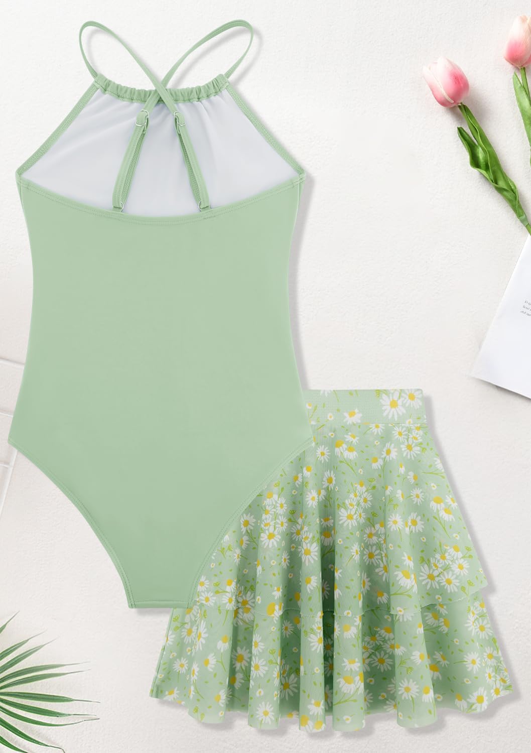 Girls One Piece Swimsuits with Mesh Skirt Tanikini Bathing Suit Swimwear 6-14Y - Image 3