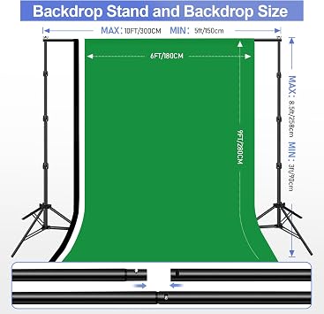 EMART 8.5x10ft Green Screen Backdrop Kit with 6x9ft Polyester Backdrop(Black/White/Green), Adjustable Photography Background Support System for Studio Photography, Parties, Wedding, Video Shooting | Adjustable Background Stand with Black/White/Green Screen Backdrop(1.8x2.8m),with 4 Spring Clamps, for Portrait Video Studio