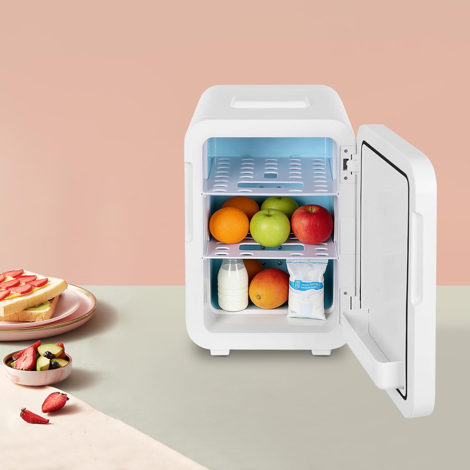 Mini Kühlschrank 20L, Multifunktionaler Minibar mit Kühl- und Heizfunktion, LED-Digitalanzeige, Temperaturregelung, 2 Ausnehmbare Einlegeböden, für Auto, Camping, Kosmetik und Getränke