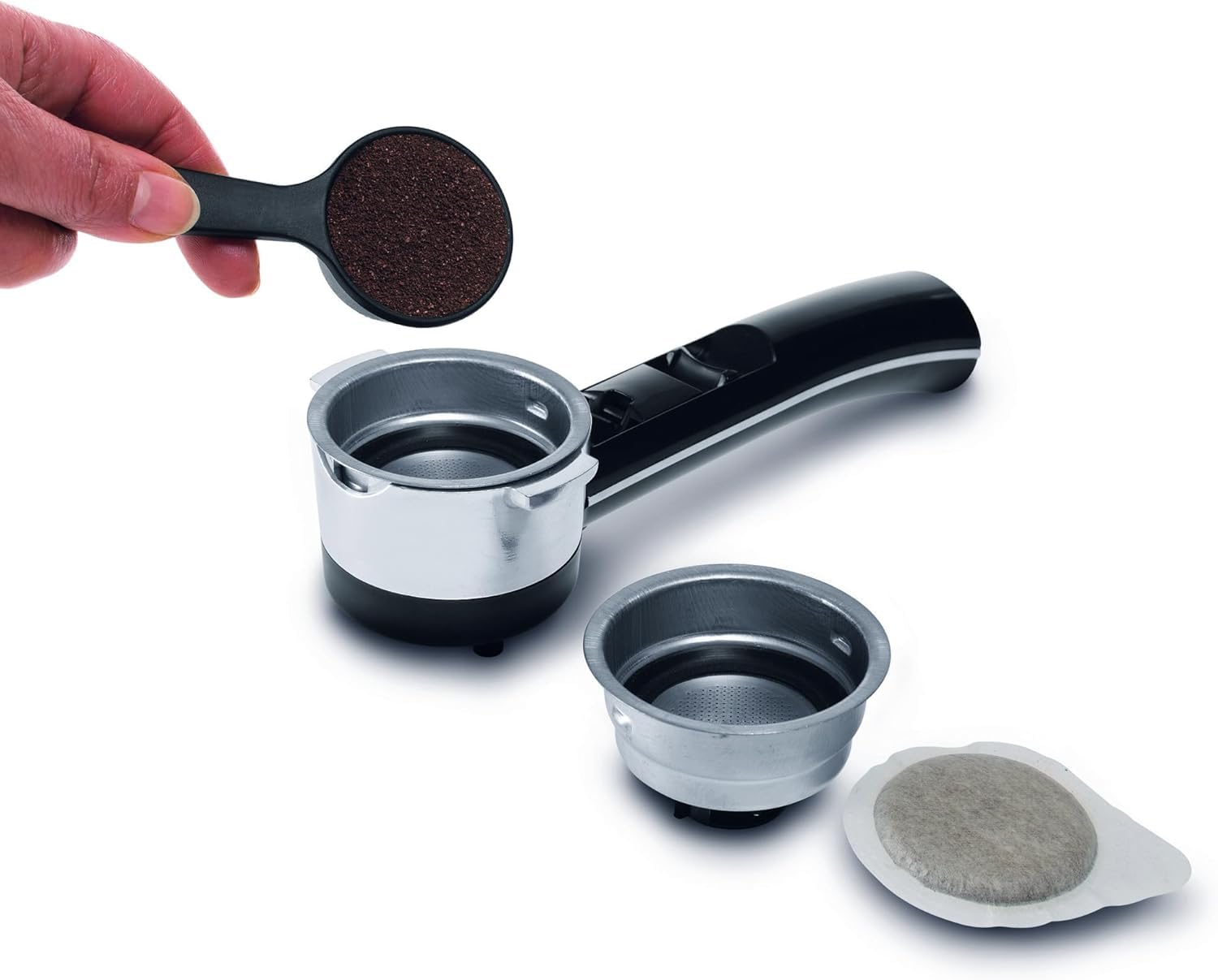Generico Macchina manuale da Caffè Espresso e Cappuccino, Caffè in Polvere o in Cialde, Montalatte classico per Cappuccini, Serbatoio Estraibile da 1.1 L, Caldaia acciaio inox