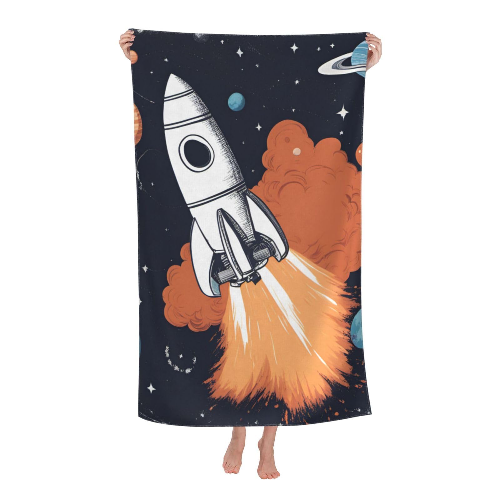 Anceky Oversized Rocket in Space Print Beach Towel Soft Quick Dry for Beach Pool Shower Travel Sports