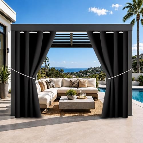 DIVA EN CAMINO DEC Outdoor Patio Curtain Waterproof Darkening Thermal Insulated Indoor Curtains for Bedroom, Porch, Living Room, Pergola, Cabana, W52 x L95, Black, Set of 2 Panels