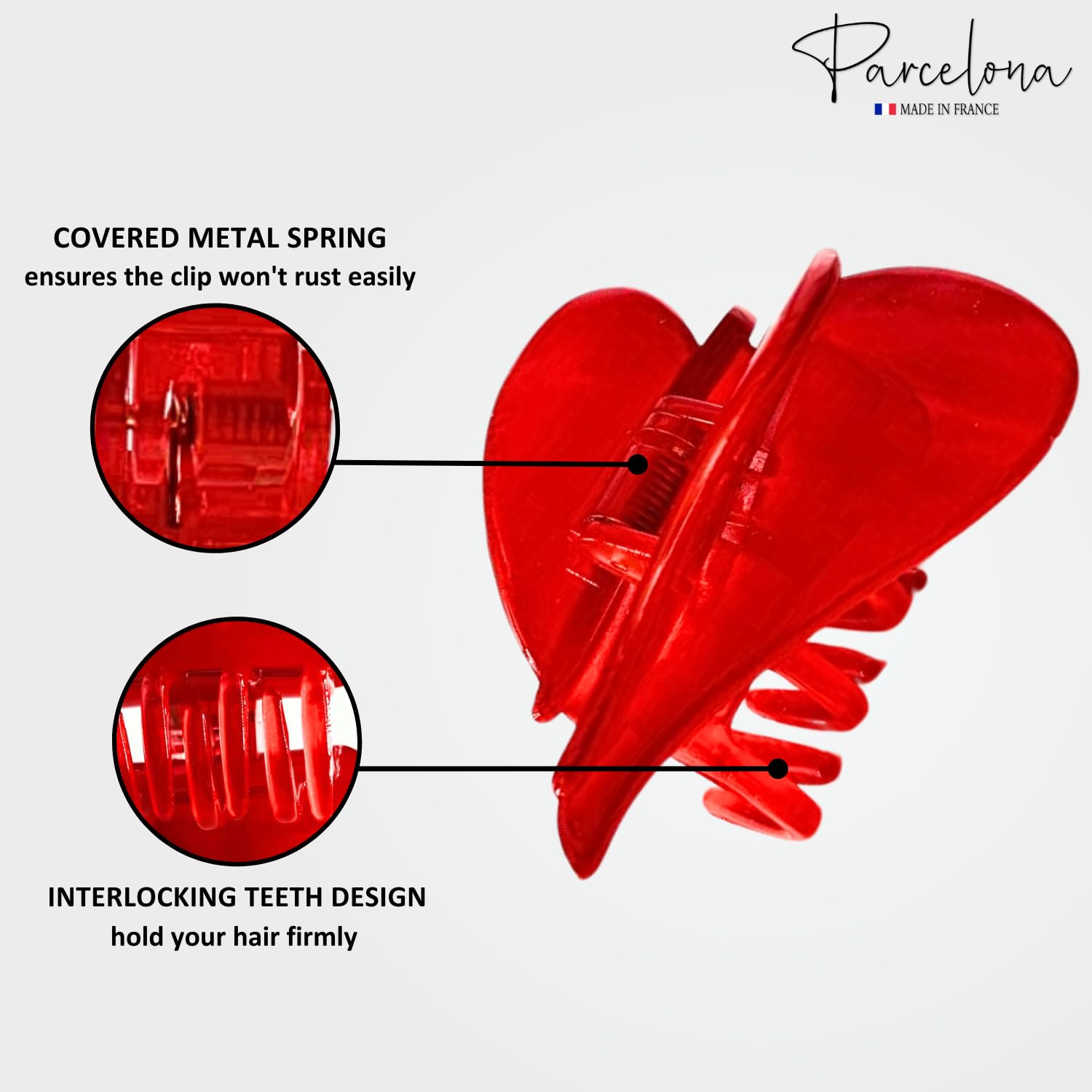 Parcelona French Heart Hair Claw 2 3/4" Cellulose Acetate Claw Clips Covered Spring Durable Fashion Hair Styling Clips Women Hair Accessories Girls Hair Clips (Red)