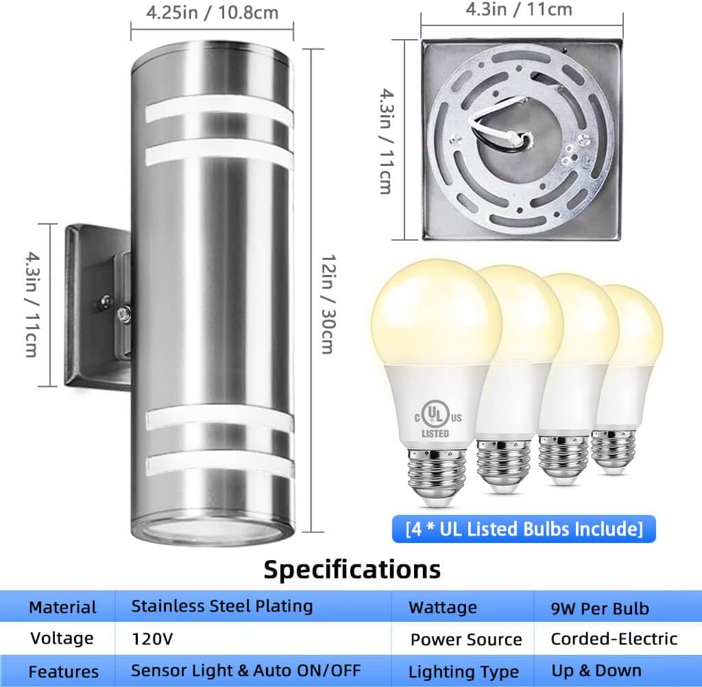 Dusk to Dawn Outdoor Wall Lights 2 Pack, Up Down Stainless Steel Exterior Lighting Fixtures with Photocell Sensor, Waterproof Outdoor Sconce Lights for House Porch Garage Patio, LED Bulbs Included