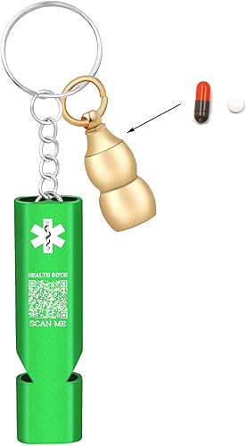 Miniatura 24 de Llavero médico de emergencia con silbato de seguridad fuerte y pastillero, herramienta de alerta EDC para personas mayores, adultos, uso al aire