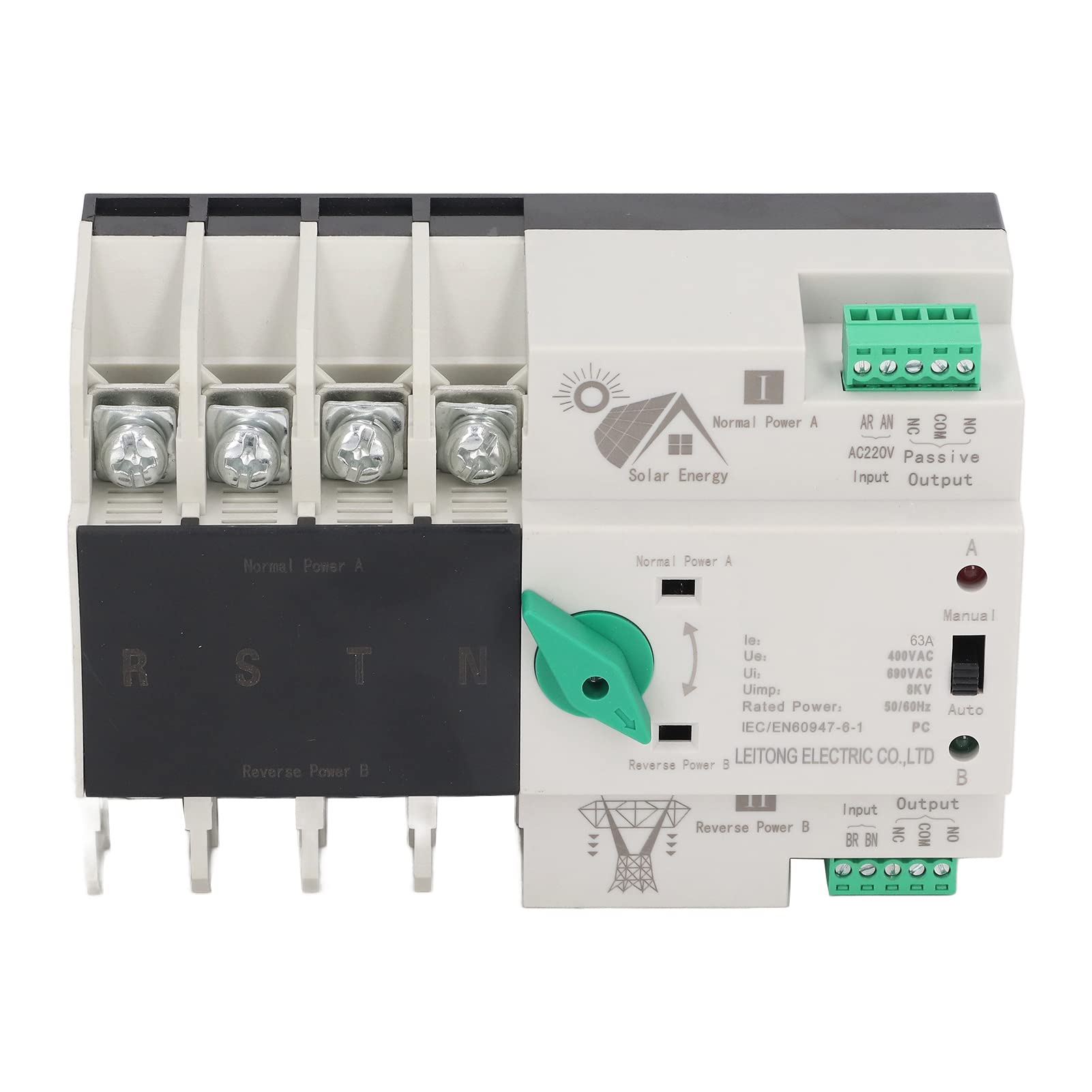 Domary Interruptor de Transferencia Automática de Doble Potencia Práctico Dispositivo 4P Respuesta Rápida para Uso Comercial Industrial AC220V (63A)