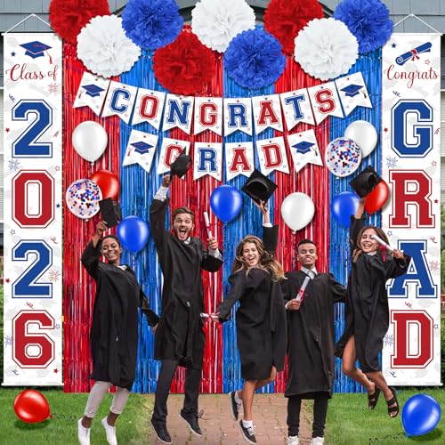 Image of Graduation Party Decorations Class of 2026, Graduation Decorations with Congrats Grad Banner Fringe Foil Curtain Paper Flower Ball Balloons for High School College Grad Party Supplies, Red Blue