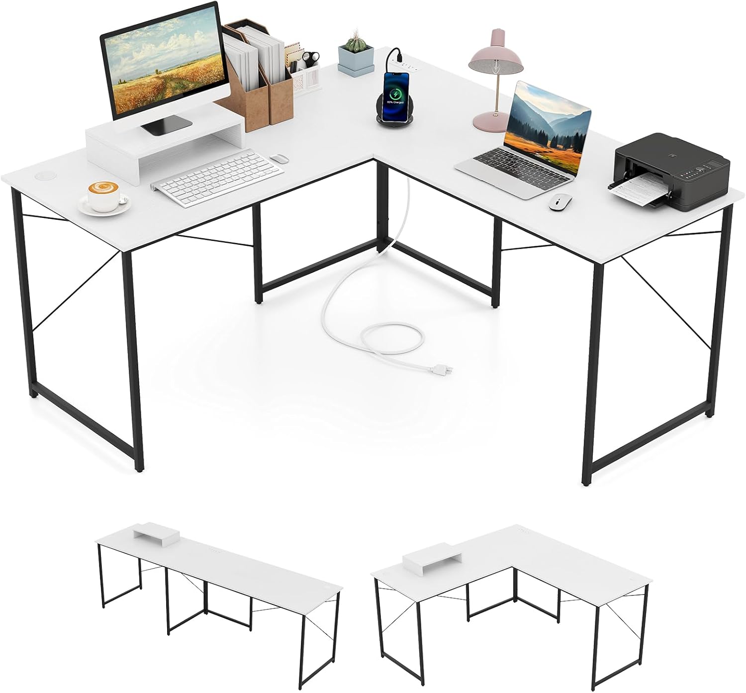 Tangkula L-Shaped Computer Desk with Power Outlets, 95” Long 2-Person Desk with Monitor Shelf, Modern Corner Desk Gaming Table with USB Ports for Home Office