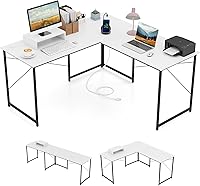 Vista 12 de Tangkula Escritorio para computadora en forma de L con tomas de corriente, escritorio para 2 personas de 95 pulgadas de largo con estante