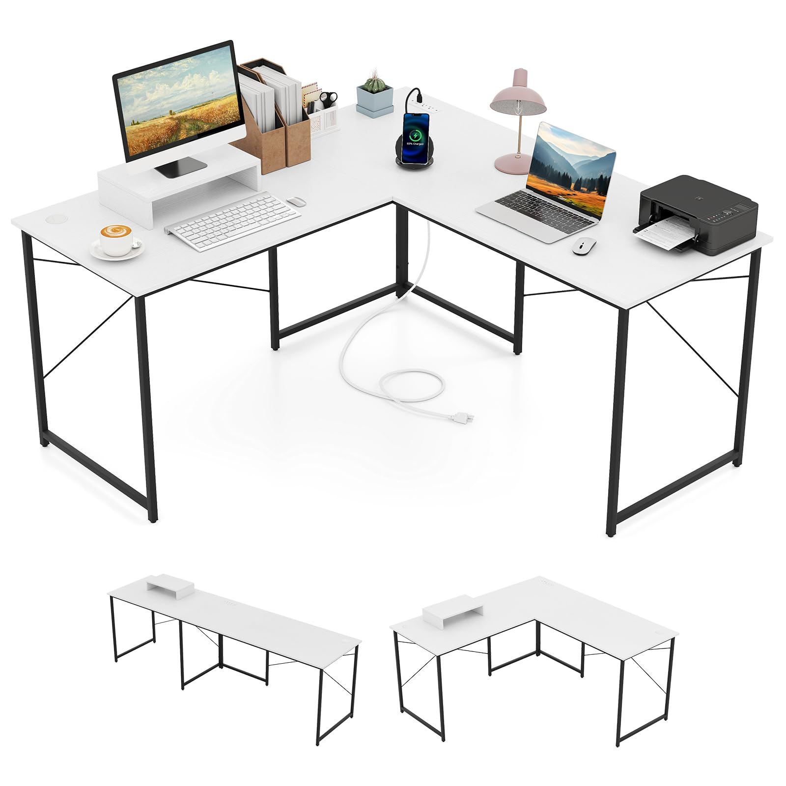 Tangkula L-Shaped Computer Desk with Power Outlets, 95” Long 2-Person Desk with Monitor Shelf, Modern Corner Desk Gaming Table with USB Ports for Home