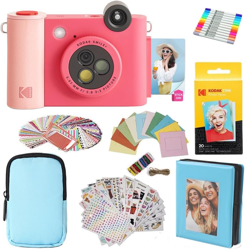KODAK Smile+ 2-in-1 Digital Instant Print Camera & Printer Gift Bundle + Case + Zink 2×3 Sticky Back Photo Paper 20pk + Album + Sticker Frames + Hanging Frames + Sticker Sets + Markers – Fuchsia