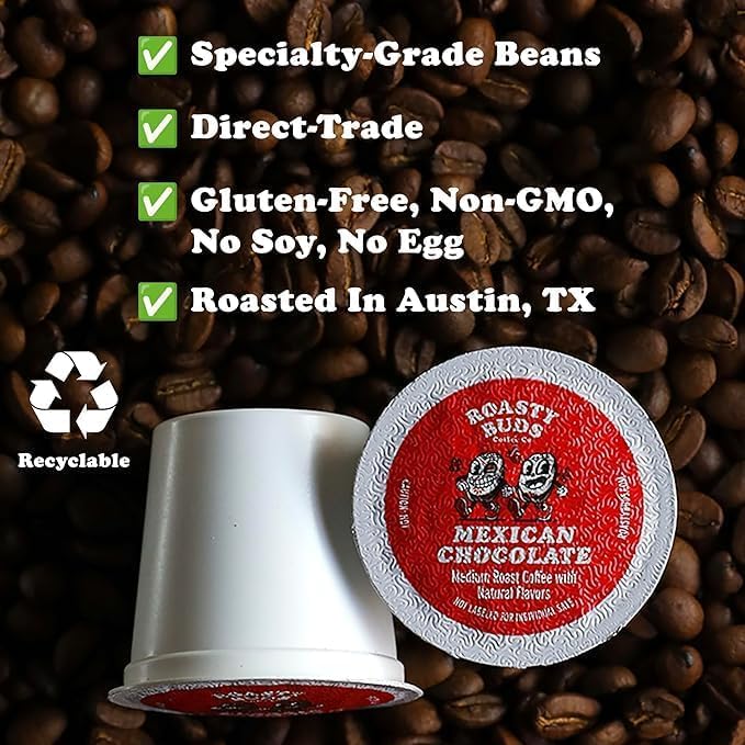 Roasty Buds Coffee Mexican Chocolate & Minty Chocolate Chip Pods 24 Count | Single-Serve 11g Per Pod | Recyclable, Gluten-Free, Non-GMO, No Sugar/Dairy/Soy/Egg