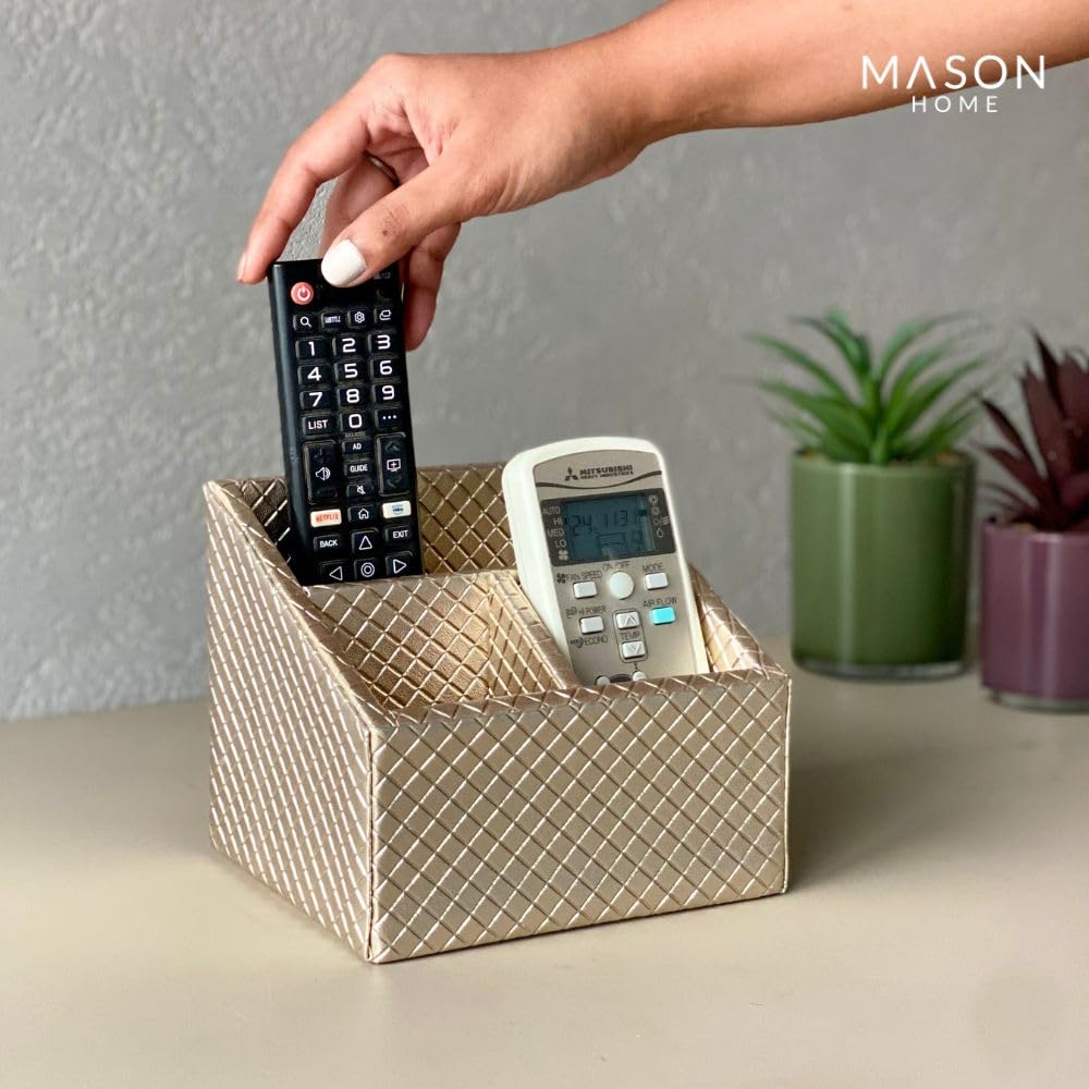 MASON HOME Vegan Leather & Mdf Braided Gold Remote Holder - 1Pc - L 6.25" x B 5" x H 5"|Decorative Multifunctional Space Saving Organizer Stand|Rom - Table - Desk|AC TV Controller - Gadgets,Stationary 3