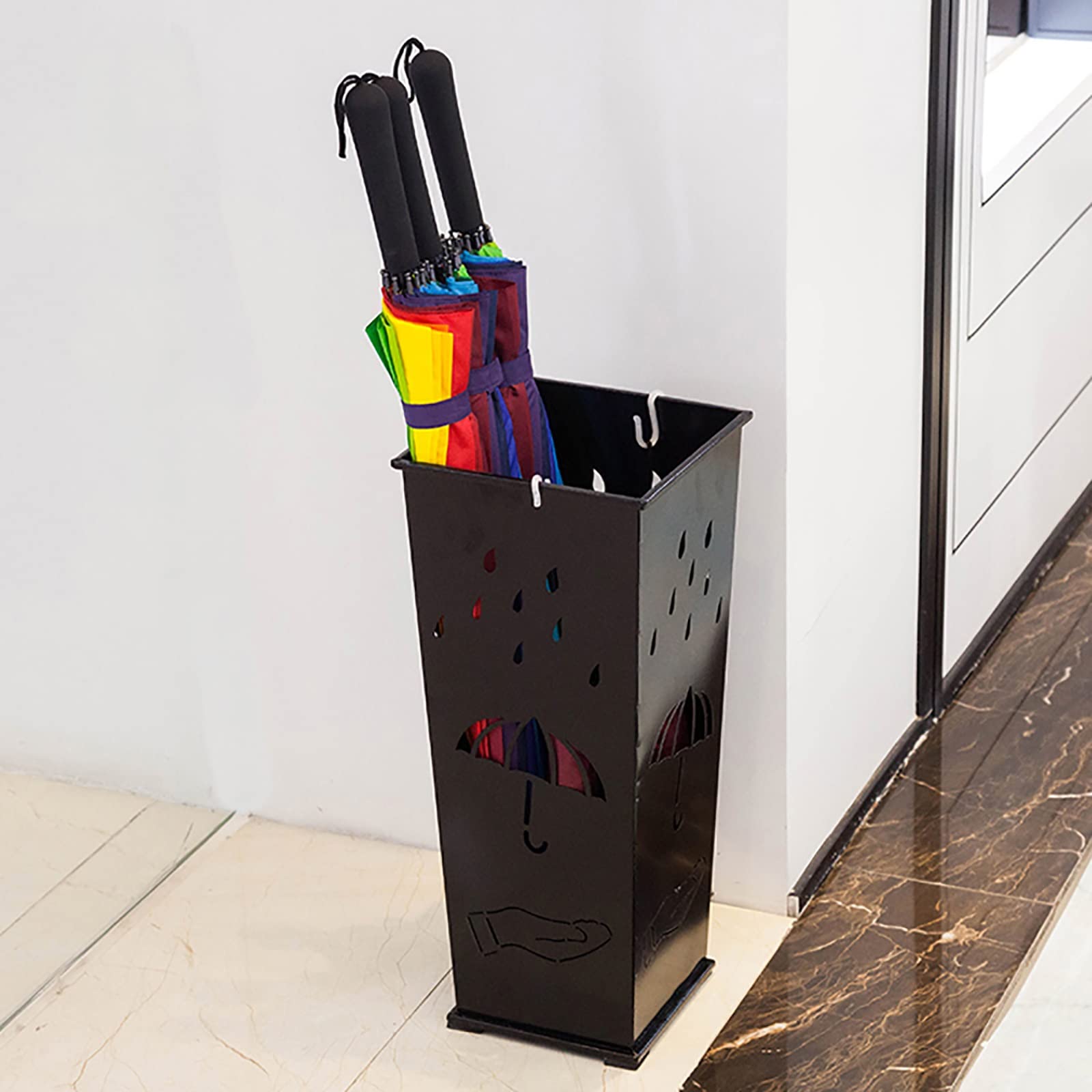 GHHVFEC Square Umbrella Stand with Hooks, Metal Hollow Out Rack for Entryway, Home Office Decor, Umbrella Organizer for Hallway & Indoor Use