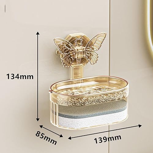 Miniatura 7 de Caja de jabón creativa con ventosa de mariposa, perforación, montaje en pared, gran capacidad, doble capa de drenaje con esponja (dorado)