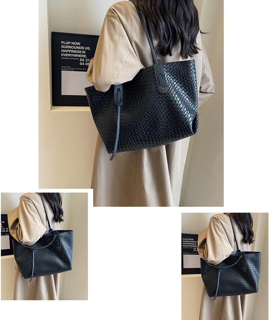 Womens Fashion Luxury Large Leather Woven Leather Tote Handbag Shoulder Bag Women Top Handle Satchel Handbag Work - Image 4
