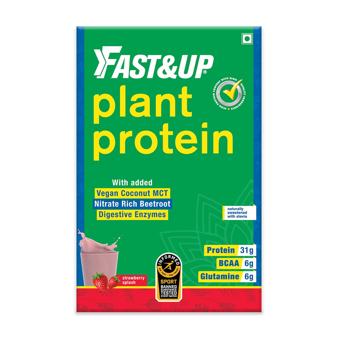 FAST&UP Vegan Plant Protein - 31G Protein Pea Isolate & Brown Rice Protein Blend For Everyday Fitness & Nutrition 44 Gms - Strawberry Splash Flavor Sachet - 1 Servings, Green