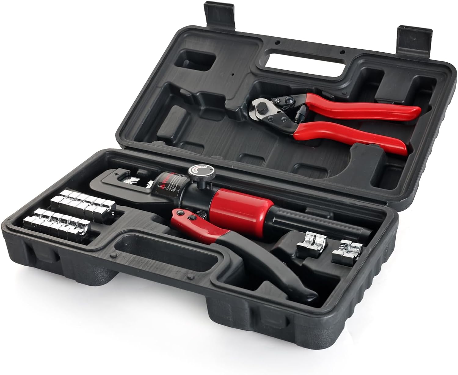 Hydraulic Lug Crimping Tool 10 US Ton with Wire Rope Cutter, 9 US Standard Chromed Hexagonal Dies 12, 10, 8, 6, 4, 2, 1/0, 2/0 AWG for Electrical Terminals and 1/8" for Stainless Steel Wire Rope
