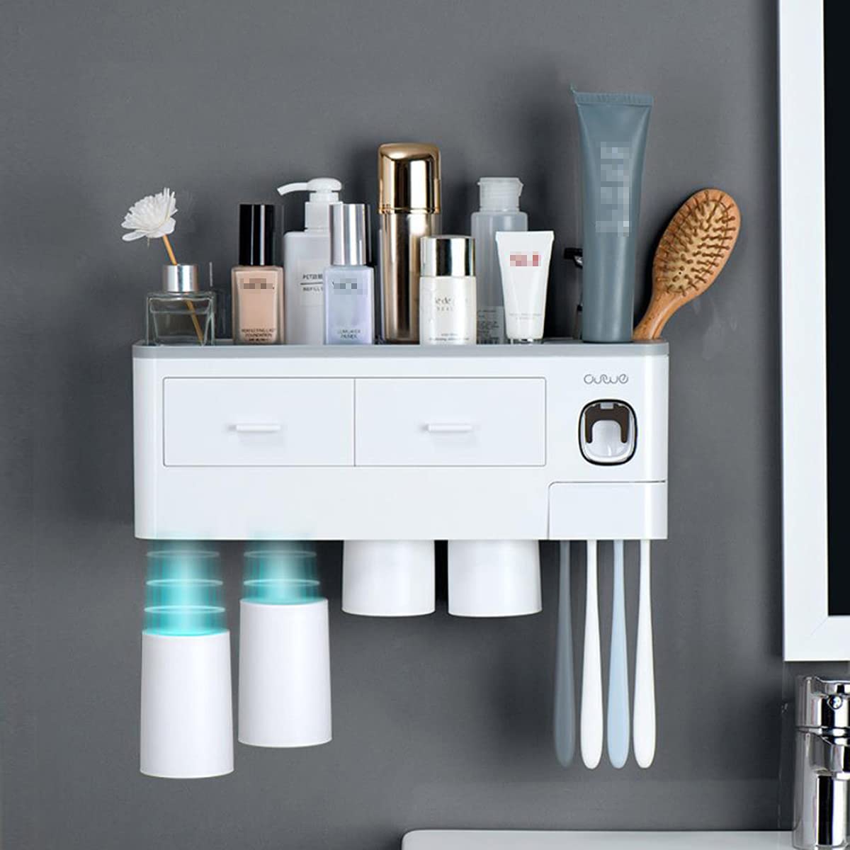 E&P Toothbrush Holder Wall Mounted, Automatic Toothpaste Dispenser, Hands-Free Toothpaste Squeezers, 7 Toothbrush Slot with Dustproof Cover, 4 Magnetic Cups Cosmetic Organizer Drawer (4 Cups)