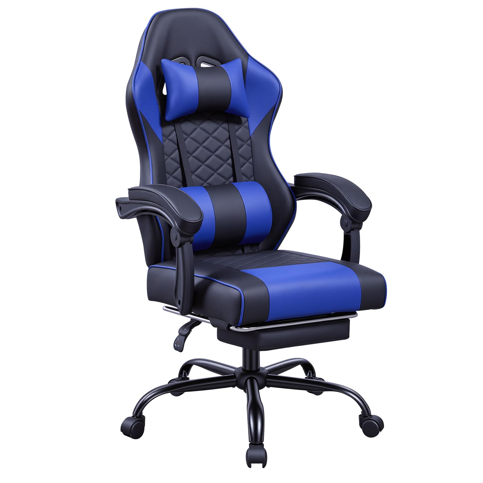 Panana Gaming Chair with Massage Lumbar Support, Retractable Footrest, Reclining Backrest 90-135°, 360° Swivel Desk Chair (Blue)